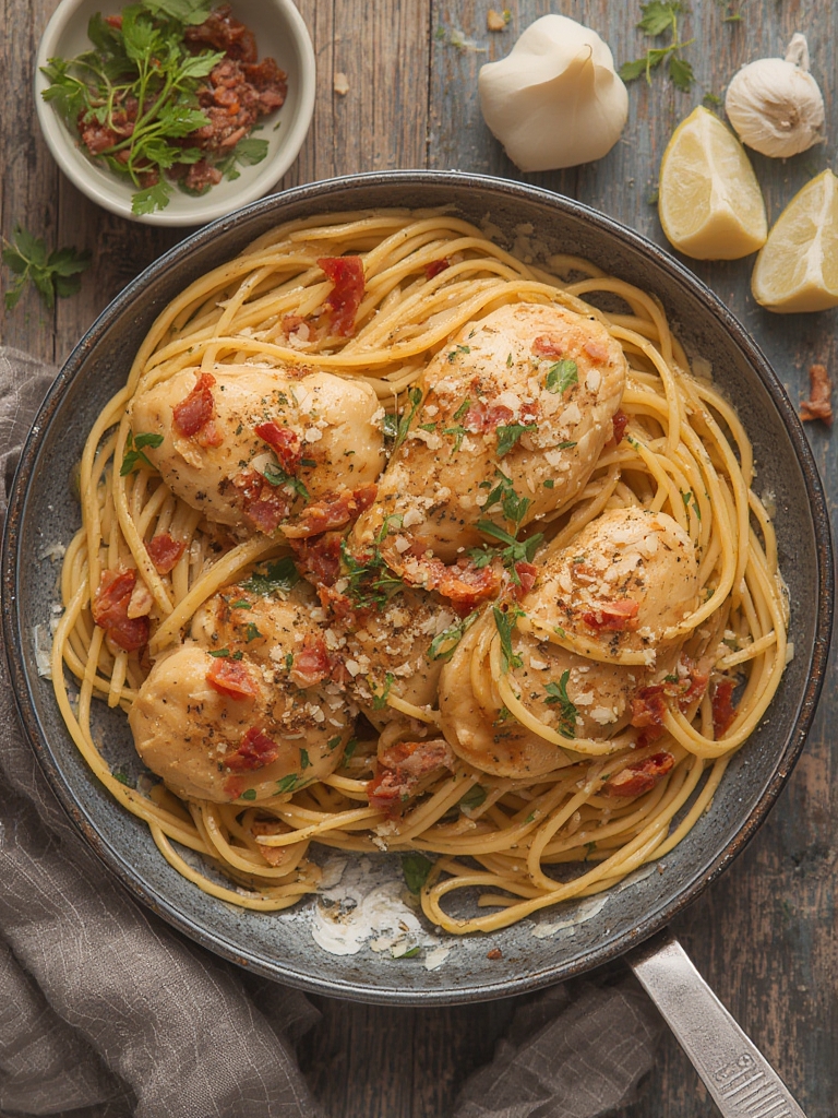 spaghetti carbonara with chicken and bacon
